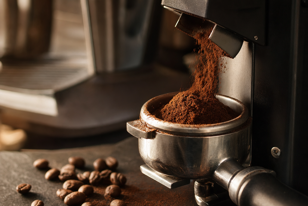 Fresh coffee grounds falling from a burr grinder into a portafilter