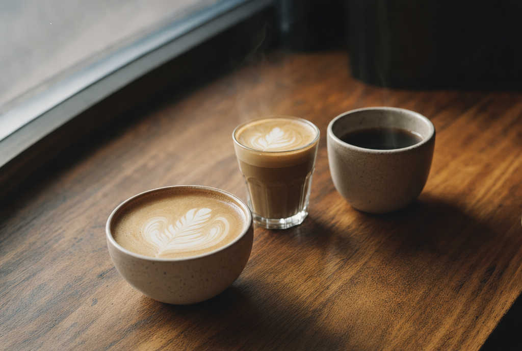 A flat white, piccolo and long black on a cafe bench