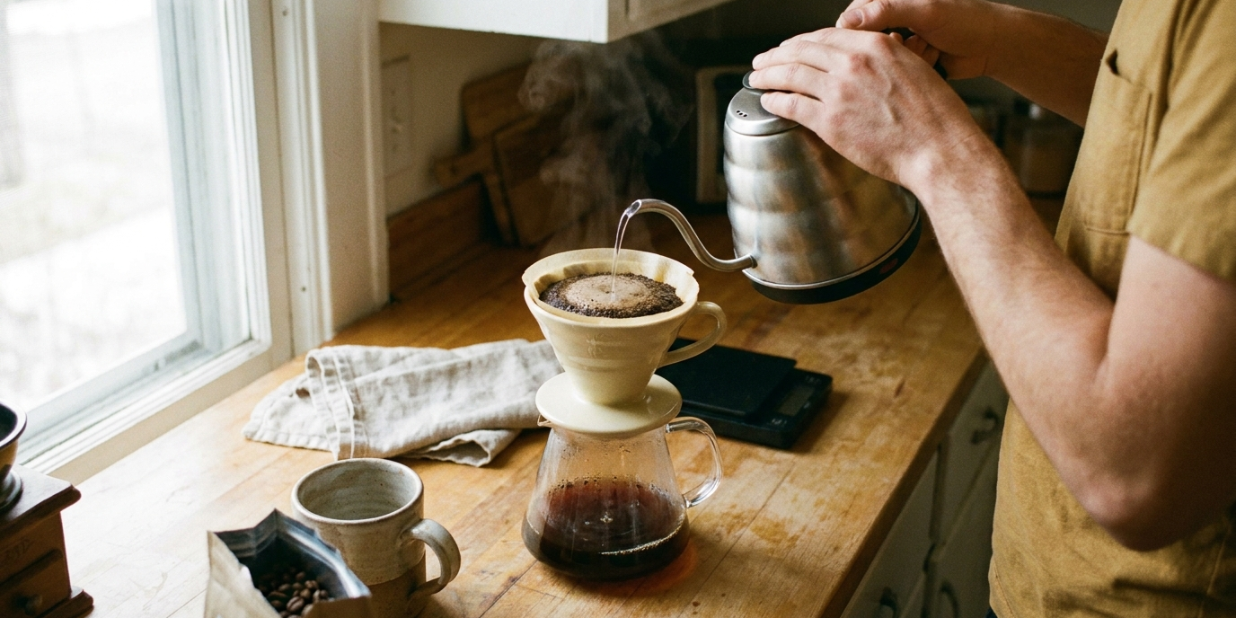 Hands pouring hot water over a ceramic pour-over coffee dripper on a wooden kitchen counter in warm natural light