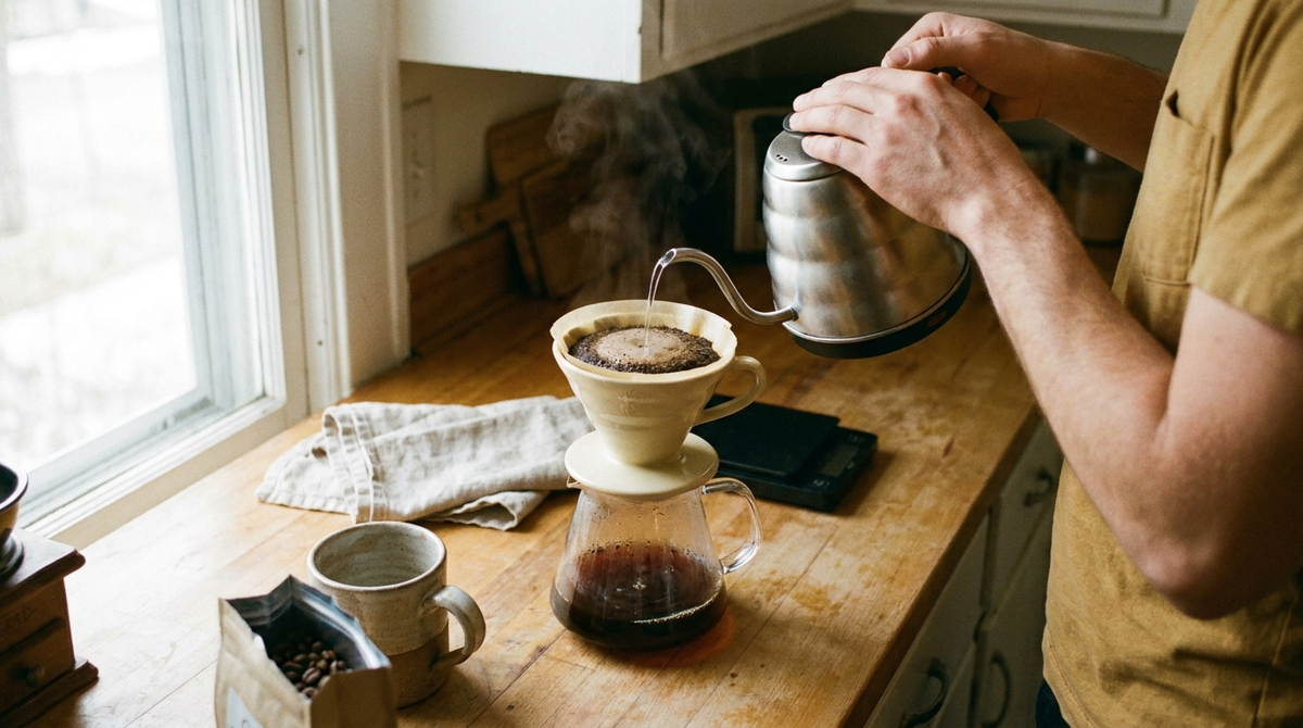 Hands pouring hot water over a ceramic pour-over coffee dripper on a wooden kitchen counter in warm natural light