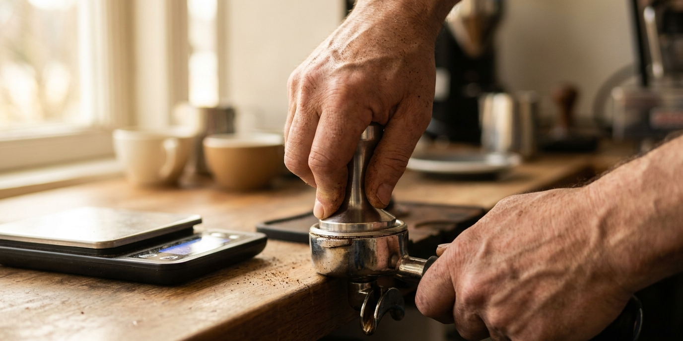 Close-up of a single pair of hands tamping espresso grounds into a portafilter beside a digital coffee scale, warm natural light