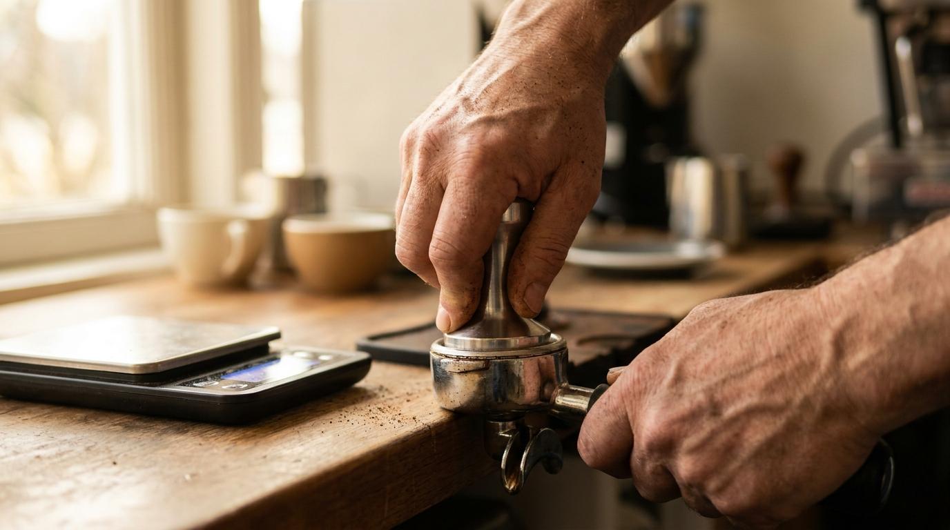 Close-up of a single pair of hands tamping espresso grounds into a portafilter beside a digital coffee scale, warm natural light