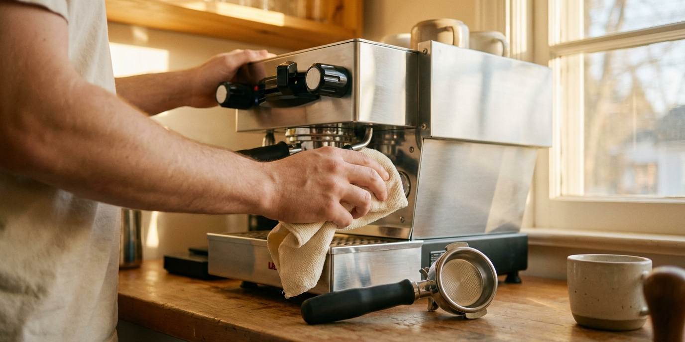 Hands wiping down an espresso machine with a cloth beside a detached portafilter on a timber bench