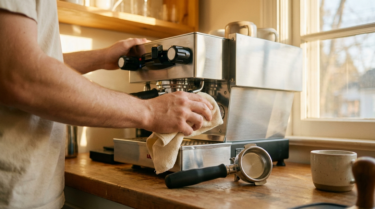 Hands wiping down an espresso machine with a cloth beside a detached portafilter on a timber bench