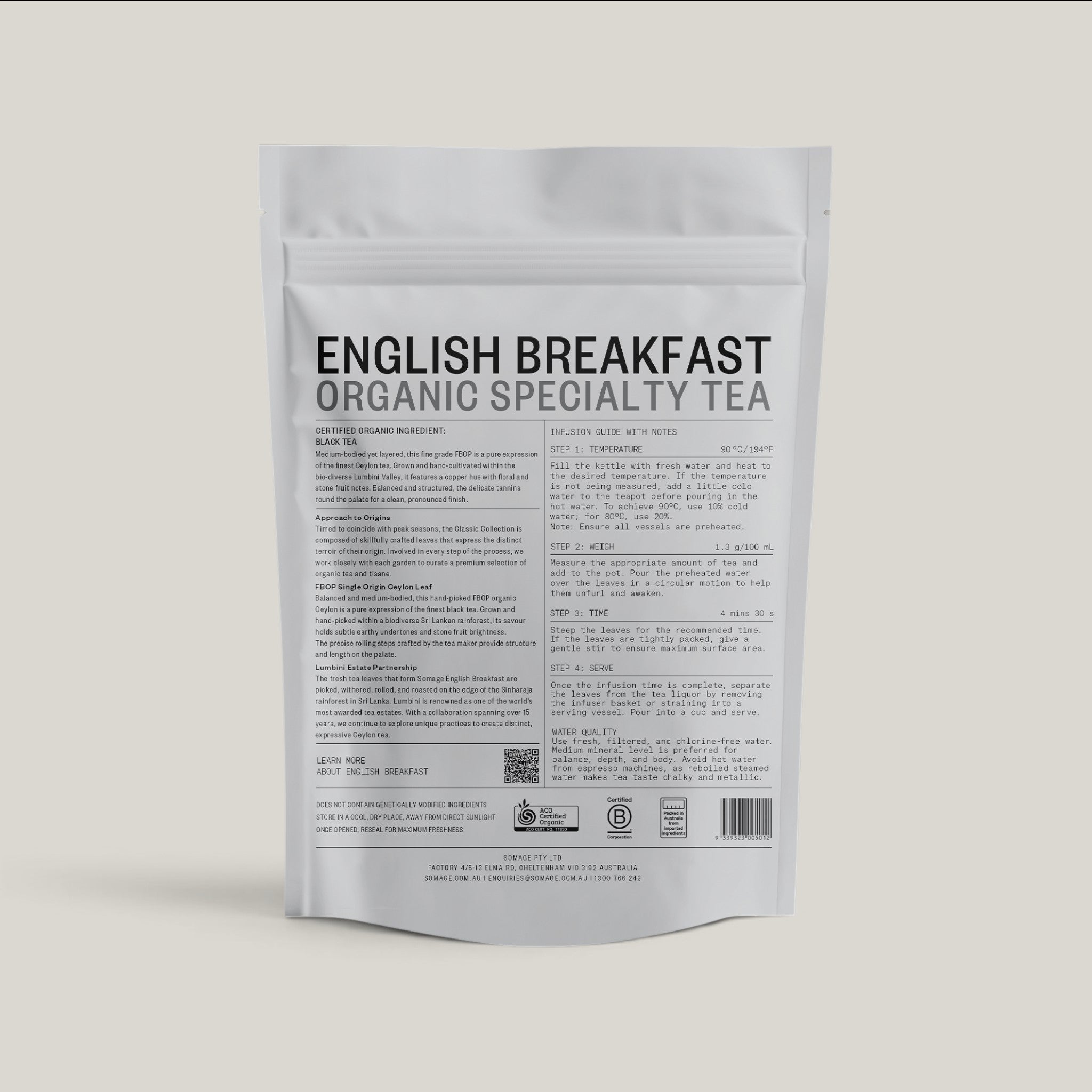 Somage English Breakfast loose leaf tea pouch, back of pack